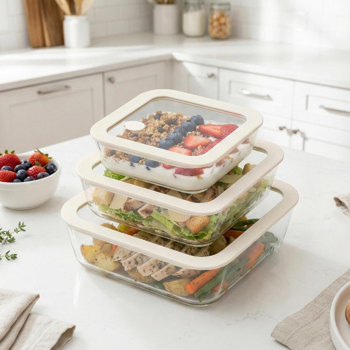 Urban Green Glass Food Container Set with Silicone Glass Lid, Large Size 3 Pack, Meal Prep Food Storage Containers with Airtight Lids, Leakproof, 100% Plastic Free, White color