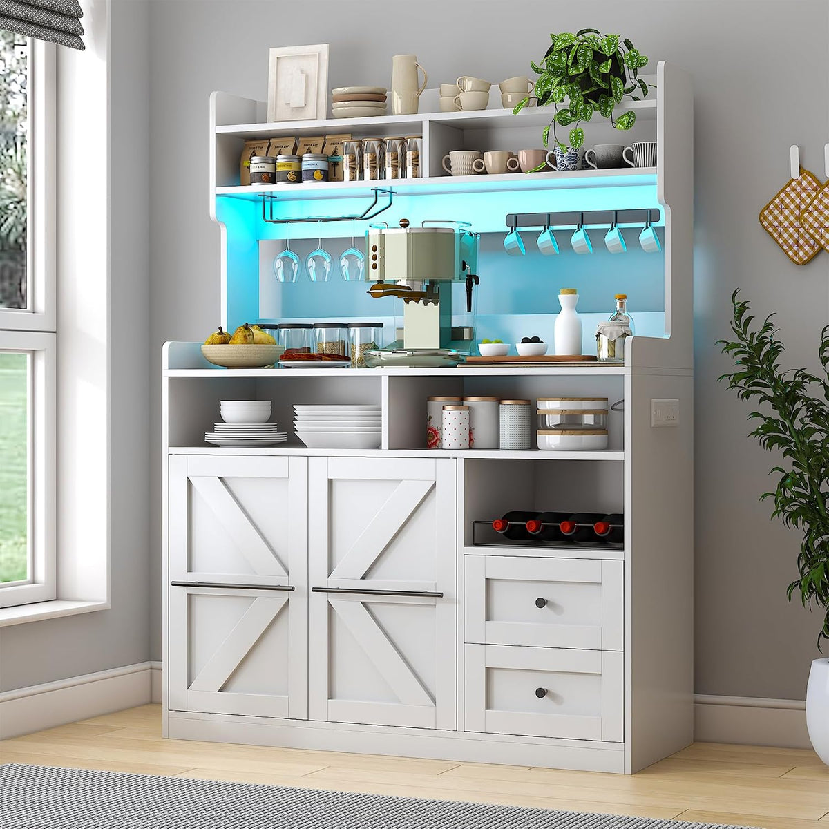 VVFLU Hutch Storage Buffet Cabinet with Drawers, and Charging Station, Coffee Bar Cabinet with Barn Doors, Wine Rack and Hooks, White Wood Sideboard Buffet for Kitchen, Dining Room, 54.5" High