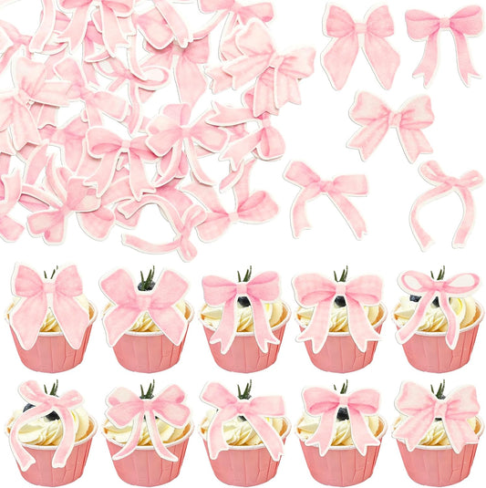 Gyufise 50Pcs Edible Pink Bowknot Cupcake Toppers Wafer Paper Bowknot Cake Dessert Picks Drink Topper Baby Shower Princess