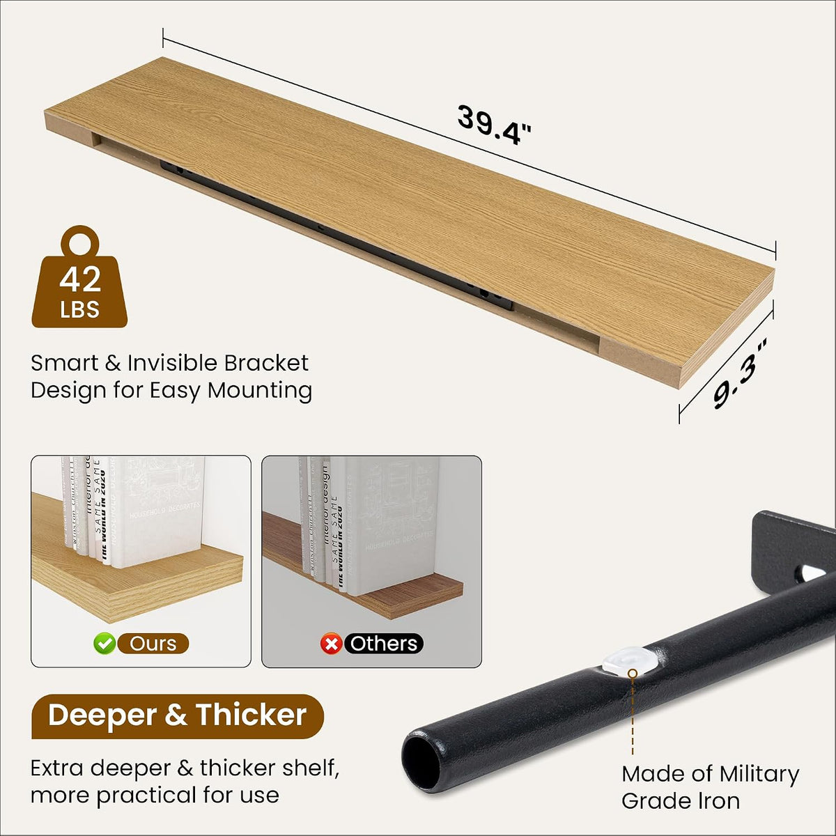 Fun Memories 40 Inch Oak Floating Shelves, 9.3 Inch Deep Wall Shelves for Living Room|Bedroom|Kitchen, Rusitc Wall Mounted Bathroom Shelves 2 Pack, Heavy-Duty Deep Shelf for Books，Decor