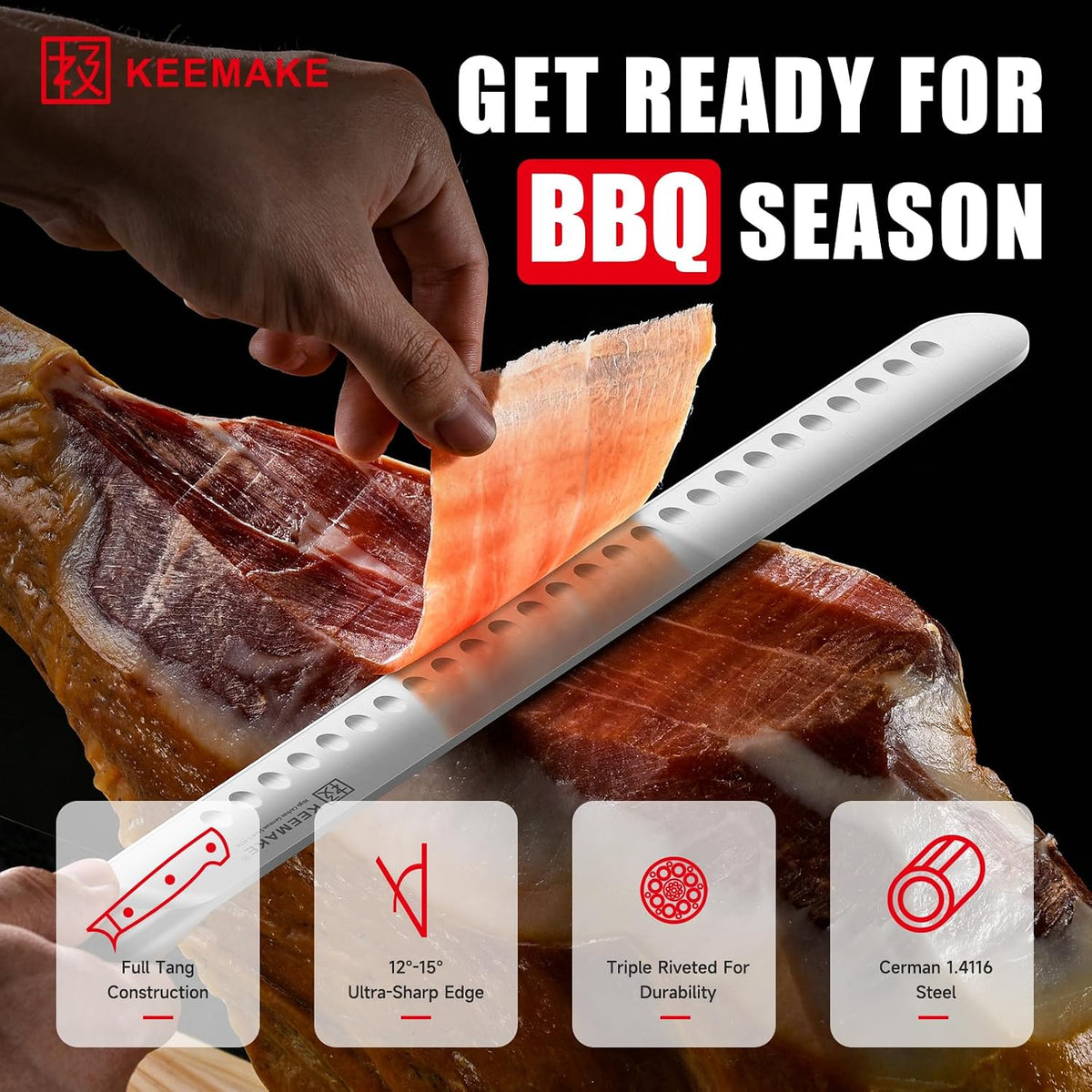 KEEMAKE Brisket Knife, 12" Carving &amp; Slicing Knife with Ergonomic Handle