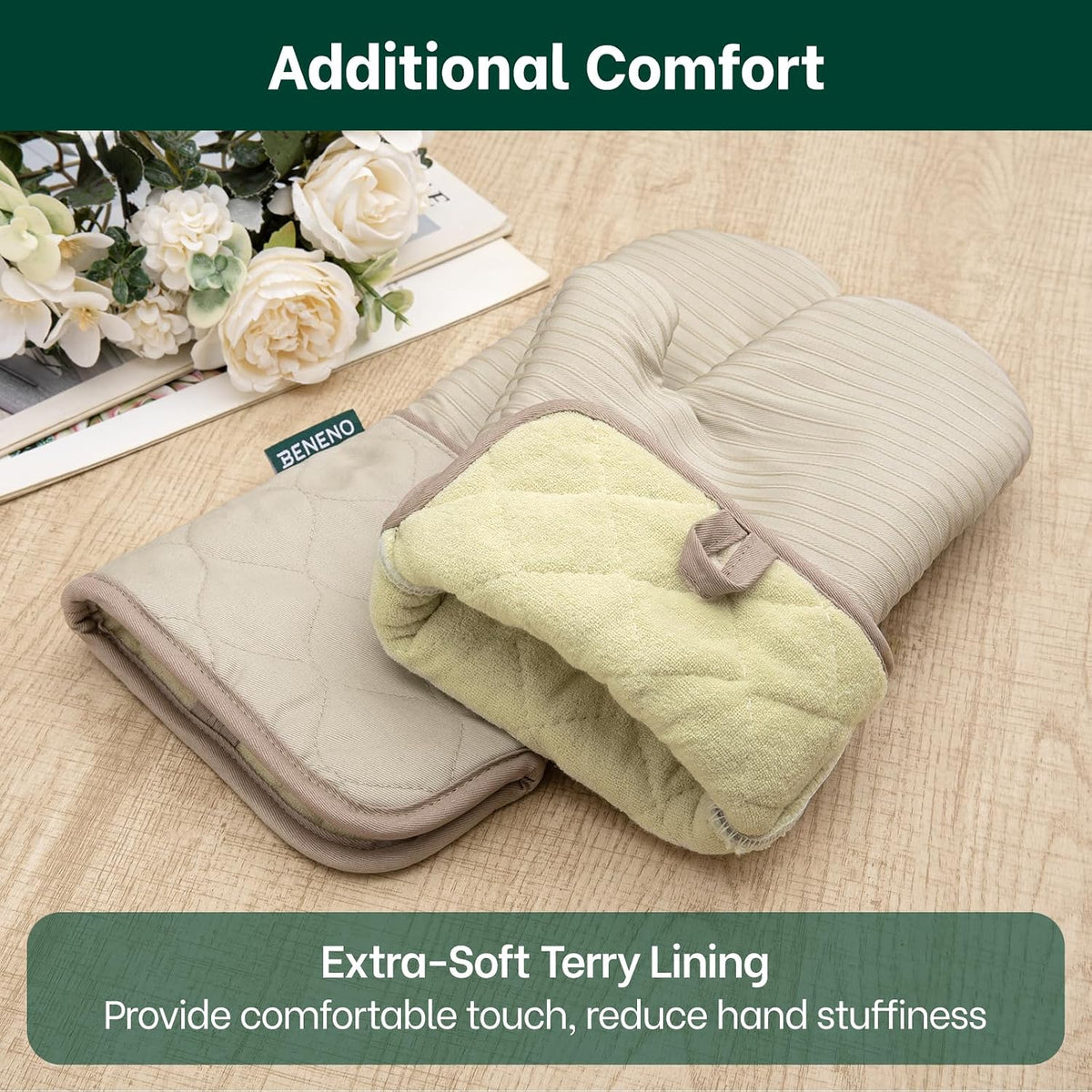 Beneno Heat Resistant 500°F Kitchen Oven Mitts 2-Pack, 7.5"x14.3", Beige | Textured Non-Slip Silicone Grip, Extra Long Forearm Protection, Soft Quilted Cotton Terry Lining, Ideal for Baking &amp; Grilling