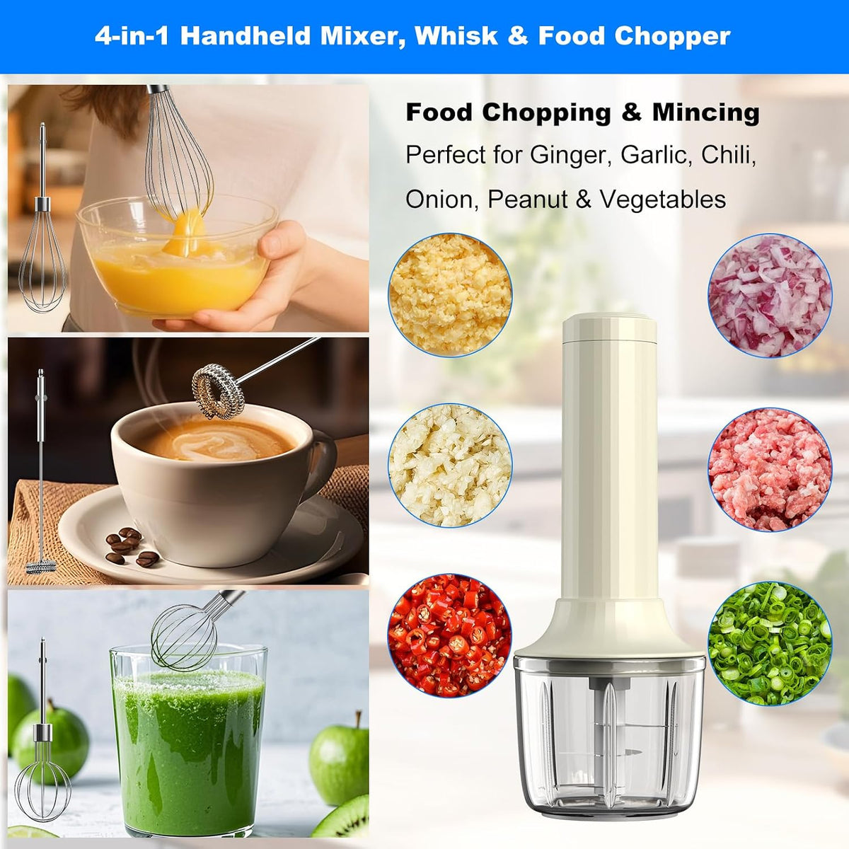 Cordless Hand Mixer MixgoII, Handheld Mixer Electric Whisk &amp; Milk Frother, Hand Held Mini Mixers, Rechargeable Hand Mixer and Whisker, Food Processor for Cooking, Food Chopper, 4-Speed, 10Oz