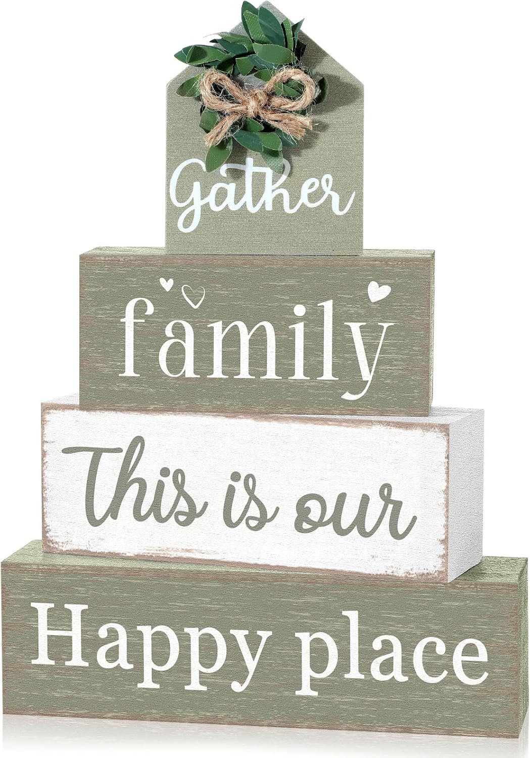 Cinnvoice 4 Pcs Farmhouse Table Decoration Rustic Sign Block,Gather Family | Sage Green Eucalyptus Wood Sign, Home Tabletop Centerpiece, Farmhouse Decor for Home Kitchen Office Shelf Mantel Decor