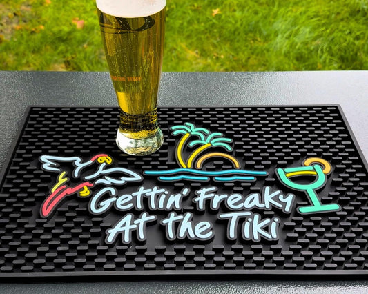 Gettin Freaky at The Tiki Sign with Flying Parrot, Palm Tree and Cocktail Tiki Bar Mats for Countertop 18 x 12in, Coffee