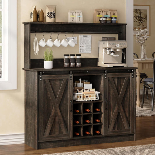 4ever2buy 47" Coffee Bar Cabinet with Storage Hutch &amp; Wine Rack, Oak