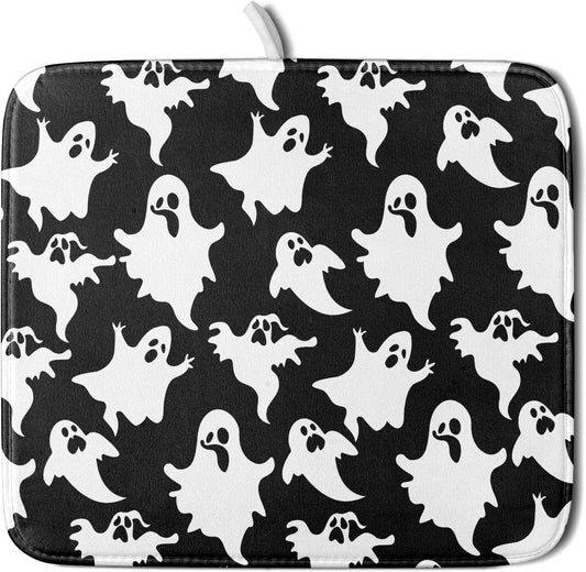 Halloween Bat Ghosts Dish Drying Mat for Kitchen Counter,Halloween Spooky Ghost Black and White Drying Mat 16 x 18 Inch
