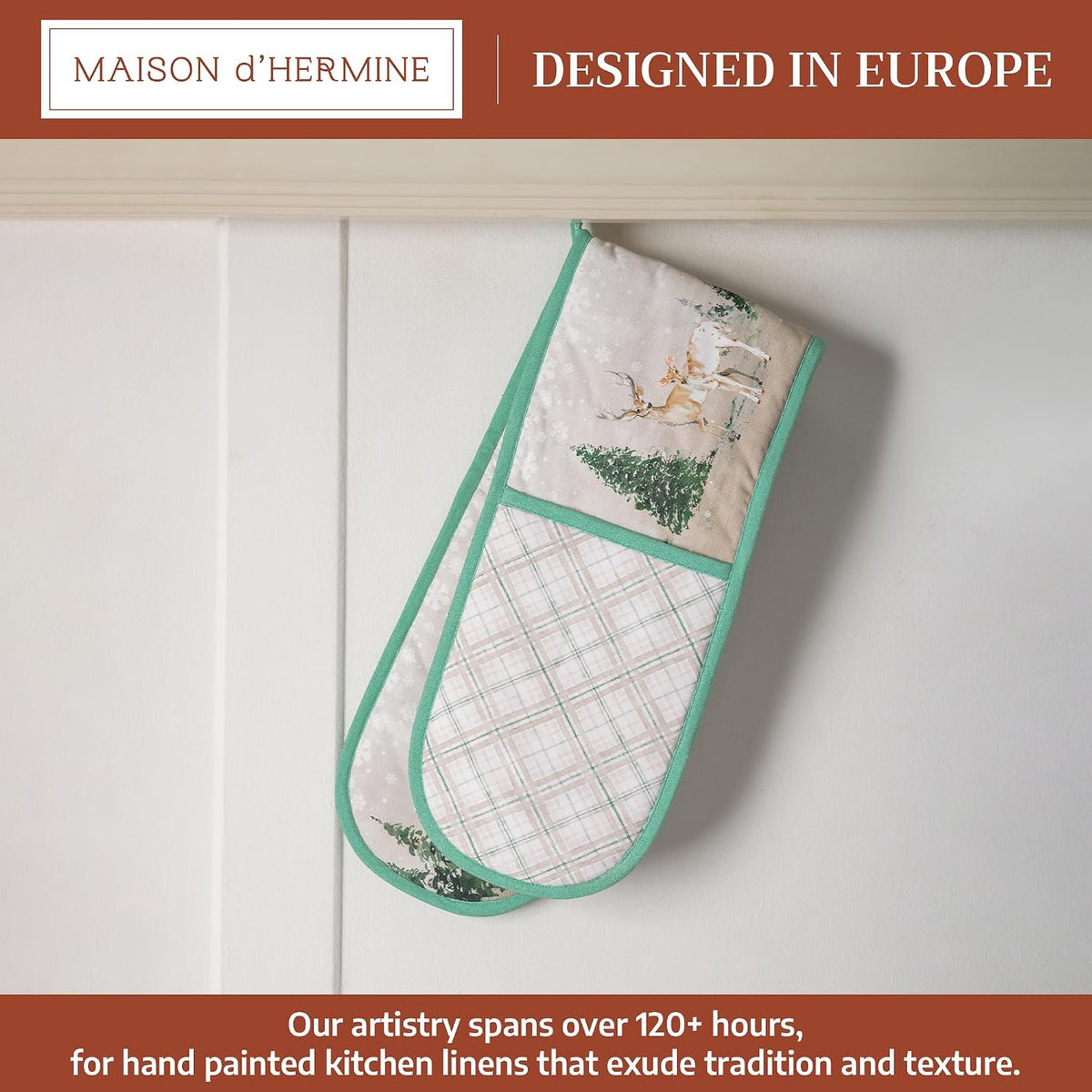 Maison d' Hermine Double Oven Mitts 100% Cotton Double Oven Glove (7"x35") | Heat Resistant BBQ Cooking Gloves with Loop Baking Kitchen Home Hotel Farmhouse Thanksgiving Christmas - Deer In The Woods