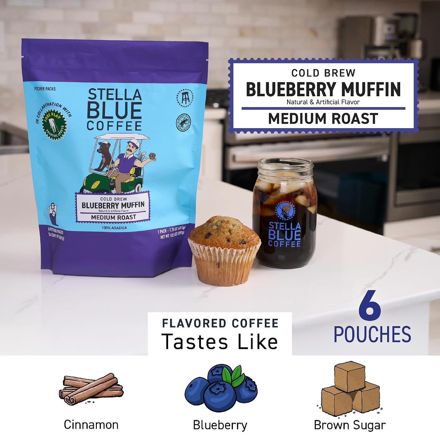 Cold Brew Coffee Bags, Blueberry Muffin, Medium Roast, Ground Coffee | Stella Blue Coffee, 6 Packets, Arabica, Rainforest Alliance Certified, Smooth Bold Finish, Ethically Sourced, Makes 24 Cups