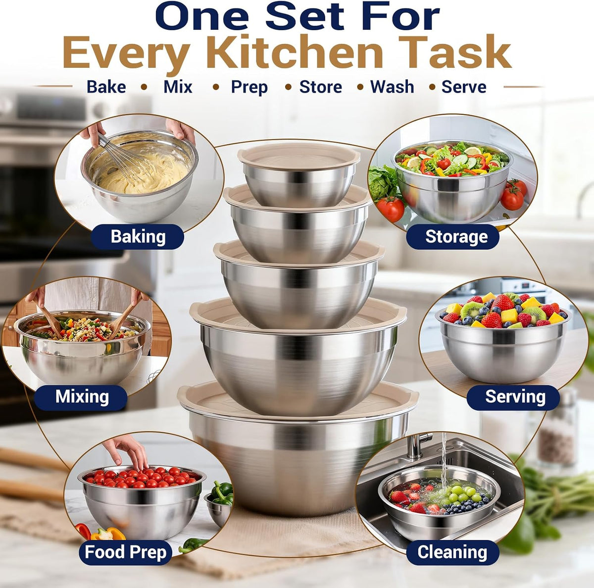 WEPSEN Mixing Bowls Set, 25PCS Khaki Mixing Bowls With Lids Set Stainless Steel Kitchen Large Nesting Metal Bowl 7QT to 1.5QT, Measuring Cups and Spoons for Prepping Cooking Serving