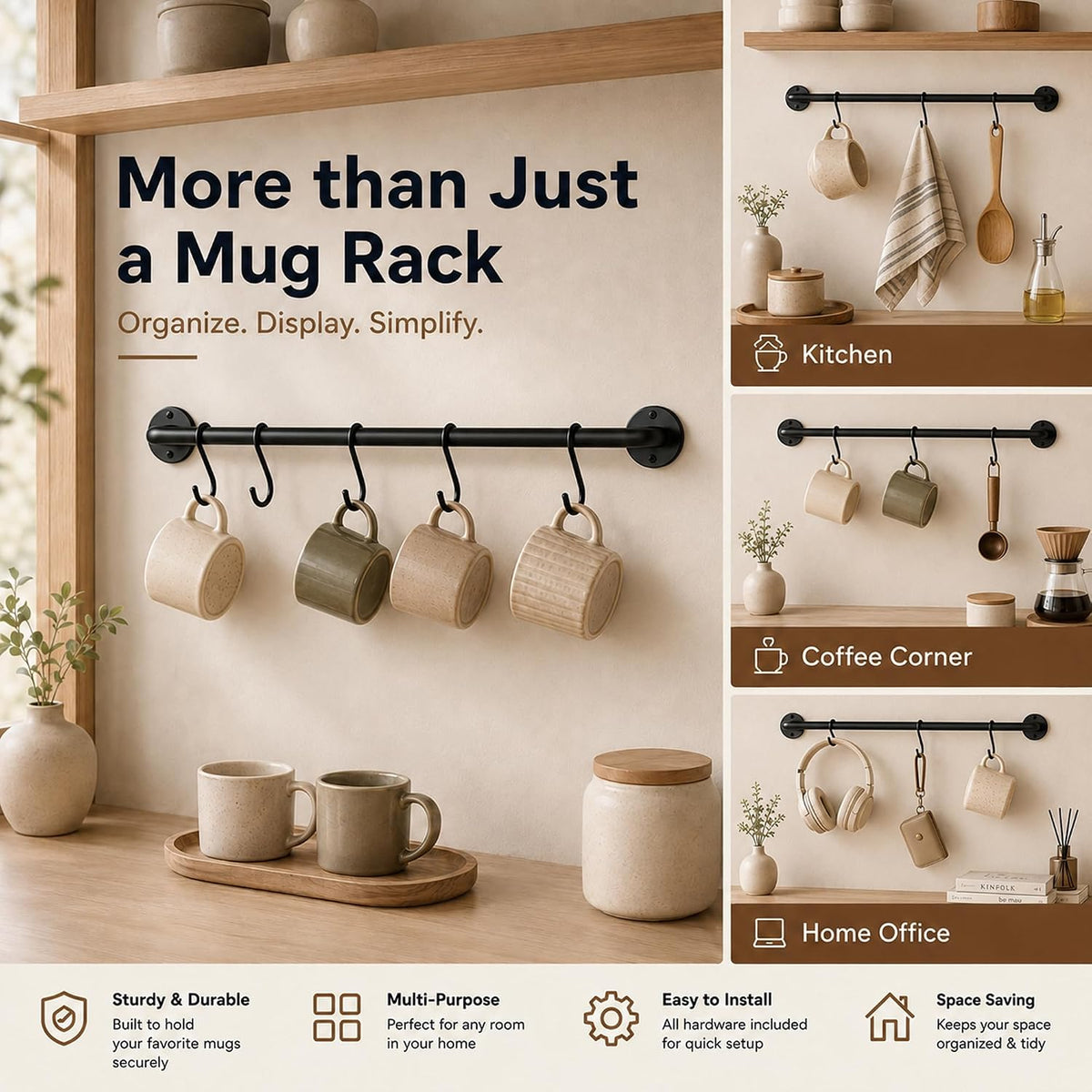 Coffee Mug Holder Wall Mounted, 3 Pack Coffee Cup Rack with 12 Removable Hooks, 16.5 Inch Metal Mug Hanger for Coffee Bar, Kitchen and Dining Room, Black