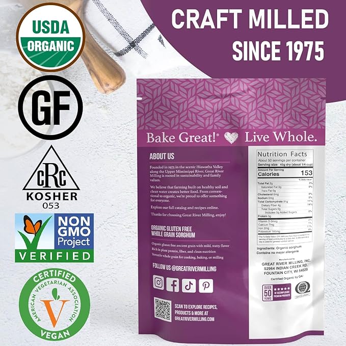 Great River Milling Whole Grain Sorghum | High-Protein Ancient Grain | Non-GMO, Kosher Certified | Ideal for Salads, Pilaf, Porridge, Baking & More | 5 Lb