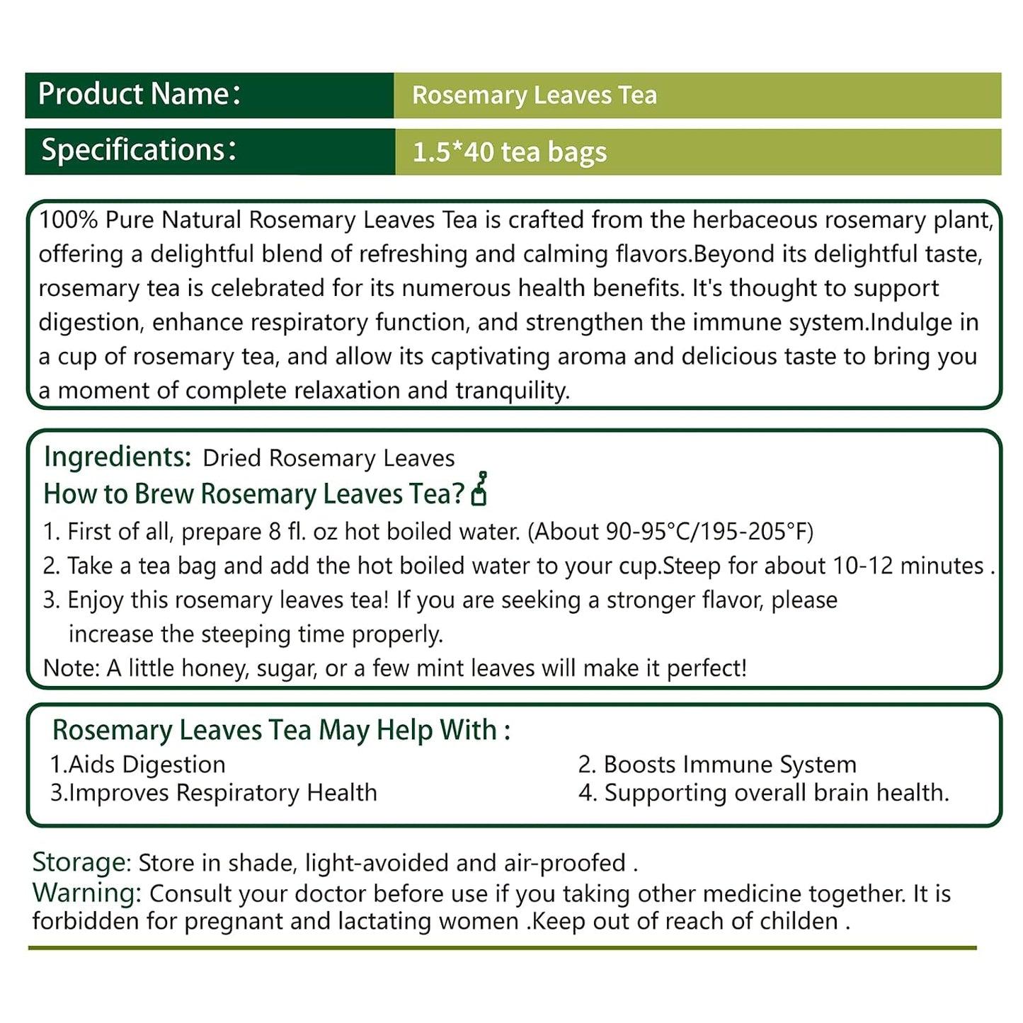 Samcci Rosemary Tea Bags, 40 Count, Pure Dried Rosemary Leaves Herbal Tea | Te De Romero,Distinct Flavor &amp; Support Digestion, No Additives, Non-GMO, Caffeine-Free, Resealable Pouch