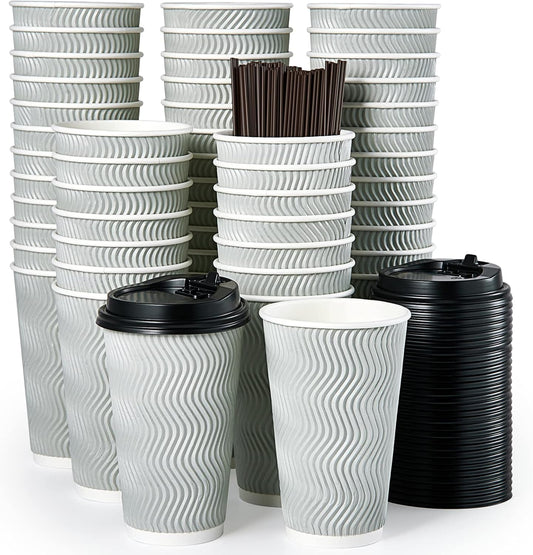 MUCHII 16 oz Disposable Coffee Cups, 80 Count Silver Grey Insulated Ripple To Go Cups With Lids and Straws for Tea, Hot
