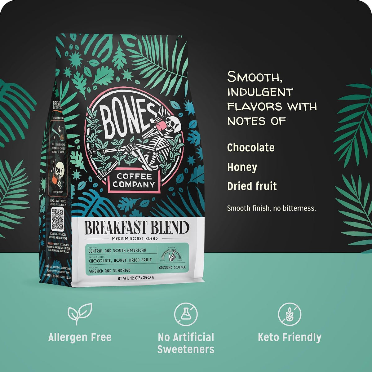Bones Coffee Company Breakfast Blend, Chocolate, Honey and Dried Fruit Notes, Unflavored Coffee, Medium Roast Low Acid Arabica Beans Compatible with Auto drip and French Press Coffee Maker, 12 Oz Ground