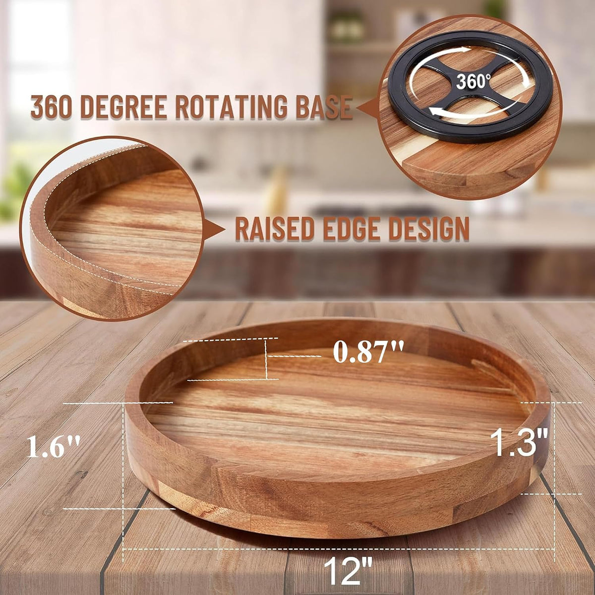 12 Inch Acacia Wood Lazy Susan Organizer for Cabinet, Lazy Susan Turntable for Countertop Table Pantry, Kitchen Turntable Storege Container