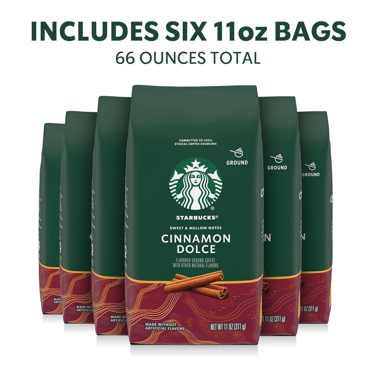 Starbucks Ground Coffee, Flavored Hot or Iced Coffee, Cinnamon Dolce, Six 11 oz Bags