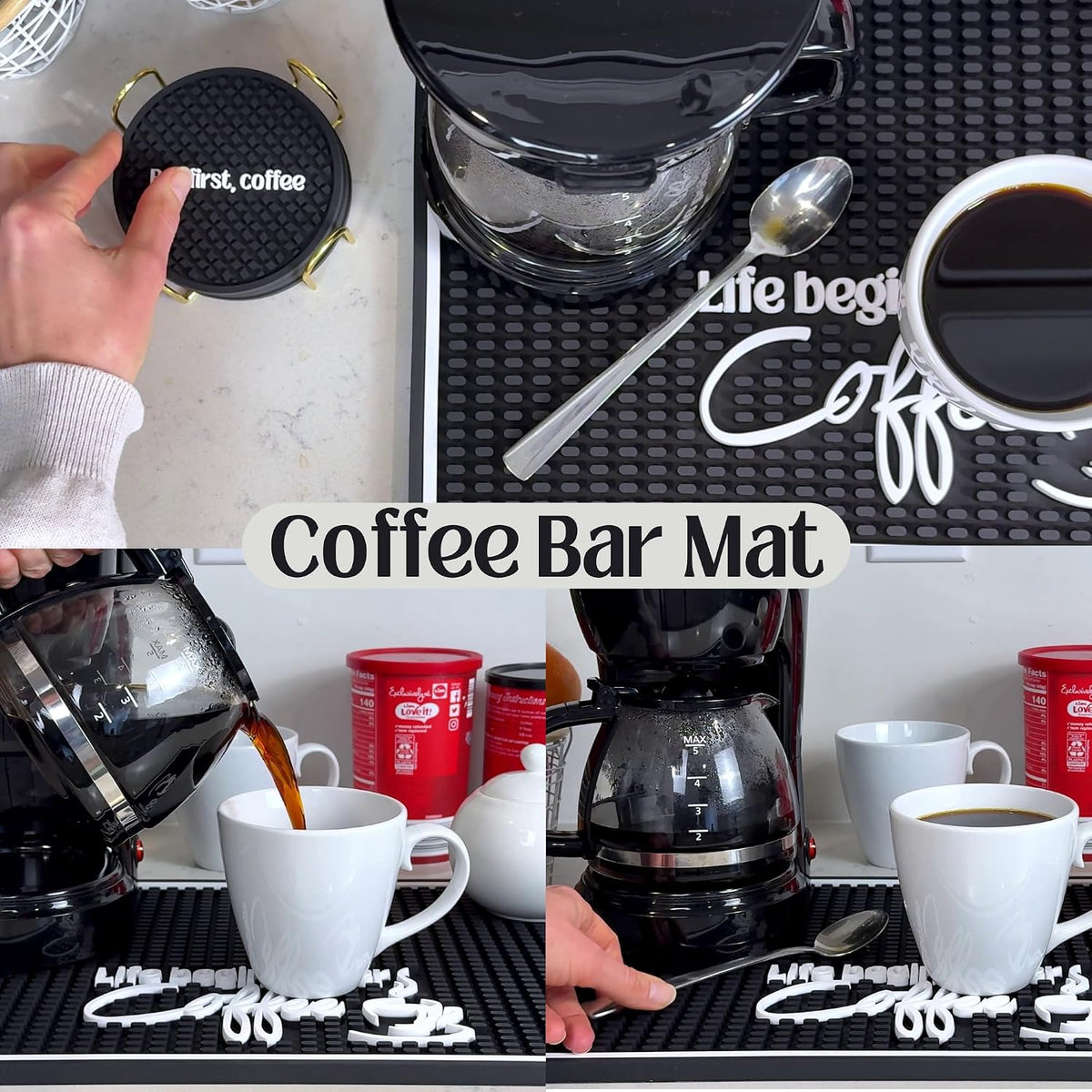 Life Begins After Coffee Silicone Bar Mat 18x12 in, Funny Mom Gift, Coffee Lover Gift for Women and Men, Non-Slip Espresso Machine Mat, Coffee Bar Station Decor, Hostess Gift