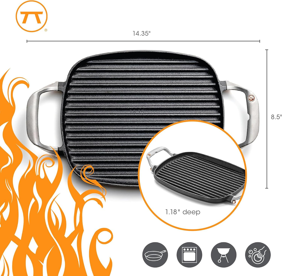 Outset Cast Iron Grill Pan With Ridges 8.5” x 14.25” x 1.5”