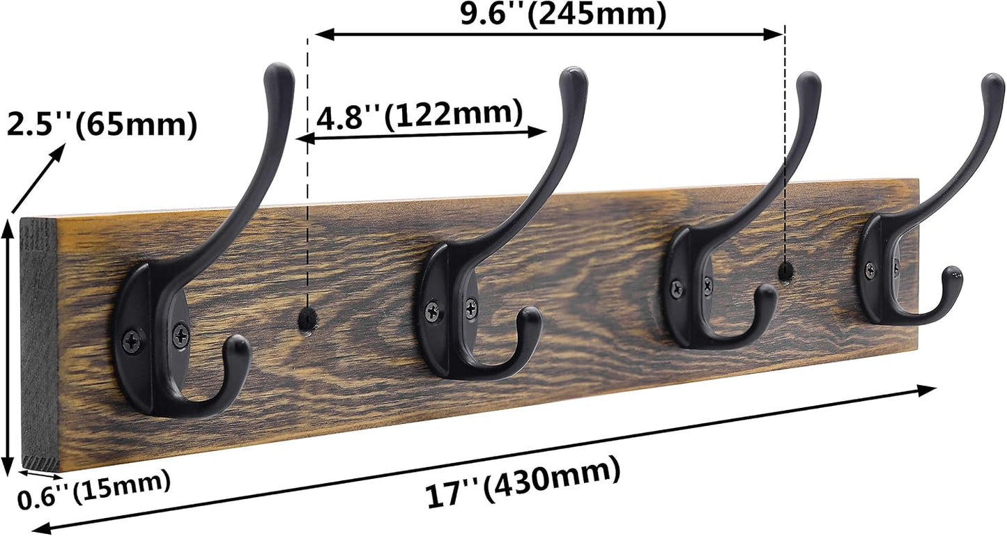 IBosins Vintage Wall Mounted Coat Rack, 17" Long with 4 Black Double Hooks