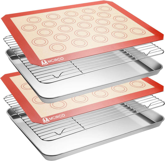 M MCIRCO Baking Sheet with Cooling Rack, Baking Mat Set, Set of 6 | Stainless Steel Cookie Pan with Cooling Rack, 2 Sheets + 2 Racks + 2 Mats,Baking Pan, Size 16 x 12 x 1 Inch Easy Clean