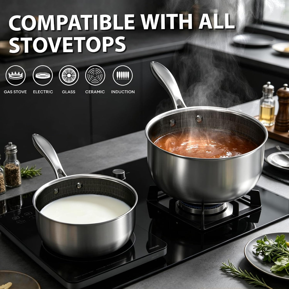 COOKER KING 1.5 Quart Stainless Steel Saucepan, Nonstick Sauce Pan, Ceramic Suce Pot with Tempered Glass Lid, Induction Pot Compatible with All Cooktops, Dishwasher & Oven Safe(PFAS/PFOA/PTFE Free)