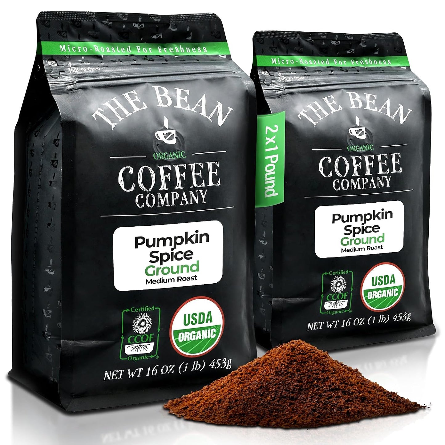 The Bean Organic Coffee Co. Pumpkin Spice, Medium Roast, Ground, 2 x 1 lb | Warm cinnamon, nutmeg, and clove spice. Organic ground coffee. Medium Roast. 2 x 1 lb.