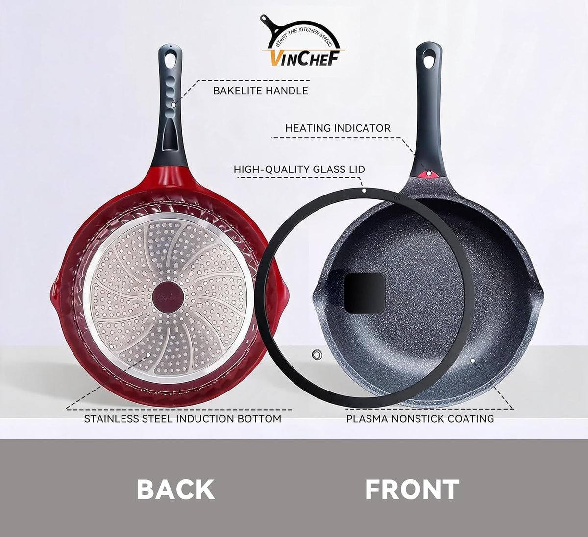 Vinchef Nonstick Skillet with Lid, 11In/5Qt Aluminum Deep Frying Pan with Lid and Heat Indicator, Anti Scratch and Anti Stain Deep Saute Pan, Induction Compatible