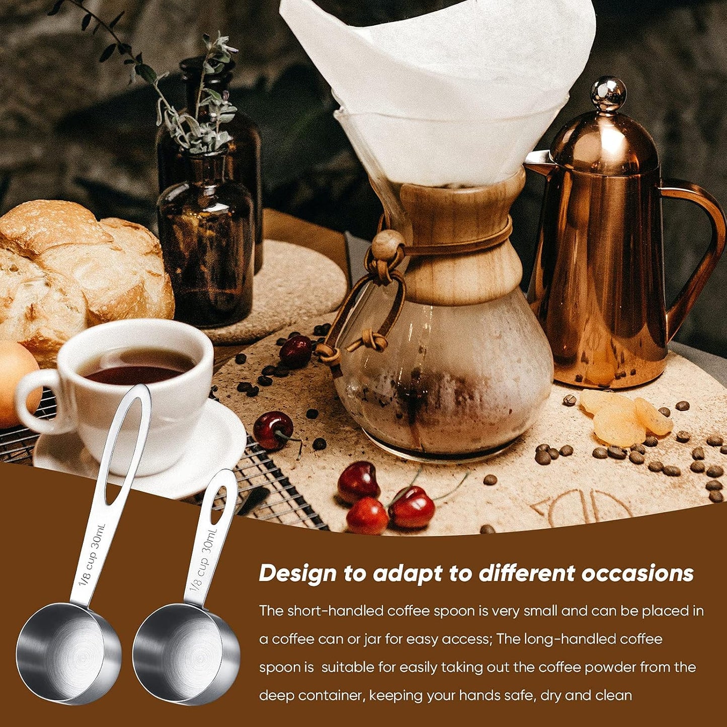 Geiserailie 4 Pcs Coffee Scoop 2 Tablespoon, Stainless Steel 30 ml | 2 Short 2 Long Handles for Tea Sugar Milk, Precise 1/8 Cup Measure, Durable Metal for Kitchen Coffee Bar