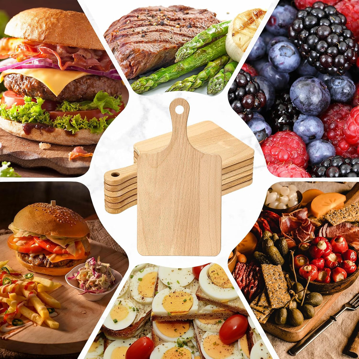Lounsweer 6 Pcs Wood Cutting Boards Bulk, 13 Inch for Chopping Serving | Thicken Boards with Handle for Cutting Charcuterie Serving, Laser Engraving Material, Wedding Housewarming Gift