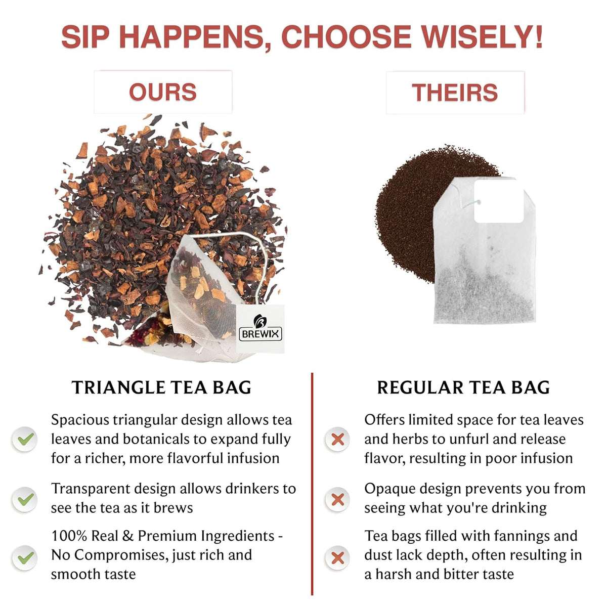 BREWIX, Sour Apple Hibiscus Tea Bags (25 Pyramid Tea Bags) Refreshing Wellness Brew for Any Mood | Caffeine-Free Herbal Fruit Tea with Real Apple, Hibiscus &amp; Rosehip | Tart, Fruity &amp; Refreshing | Hot or Iced Tea