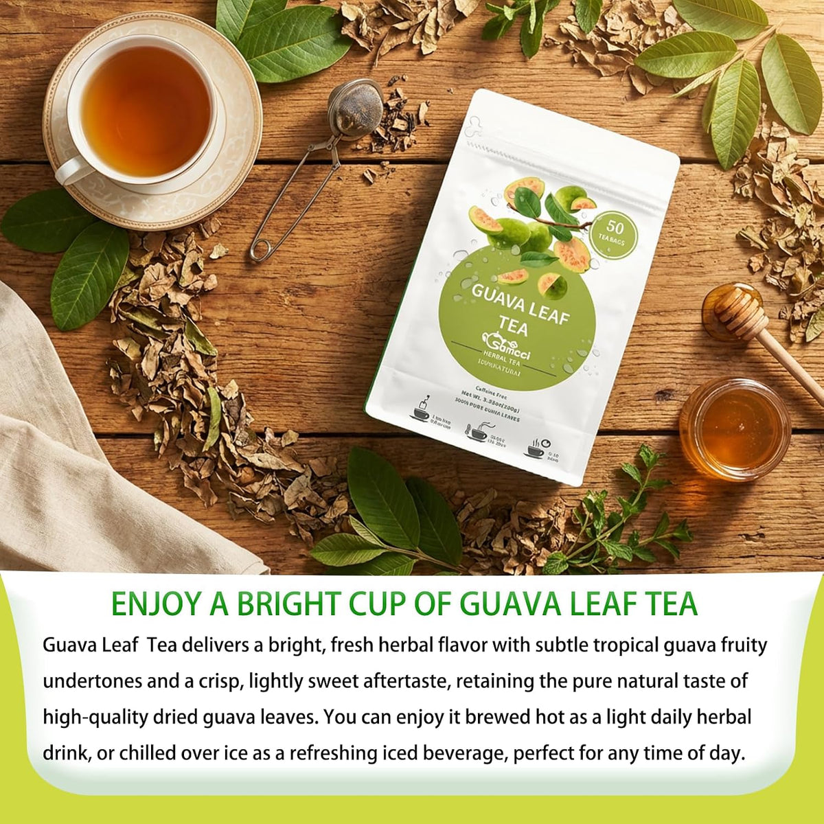 Samcci Guava Leaves Tea Bags, 50 Counts, Hojas De Guayaba, Pure Guava Leaf | Immune Support - Digestion &amp; Relaxation - Non-GMO - Caffeine-free, Resealable Pouch