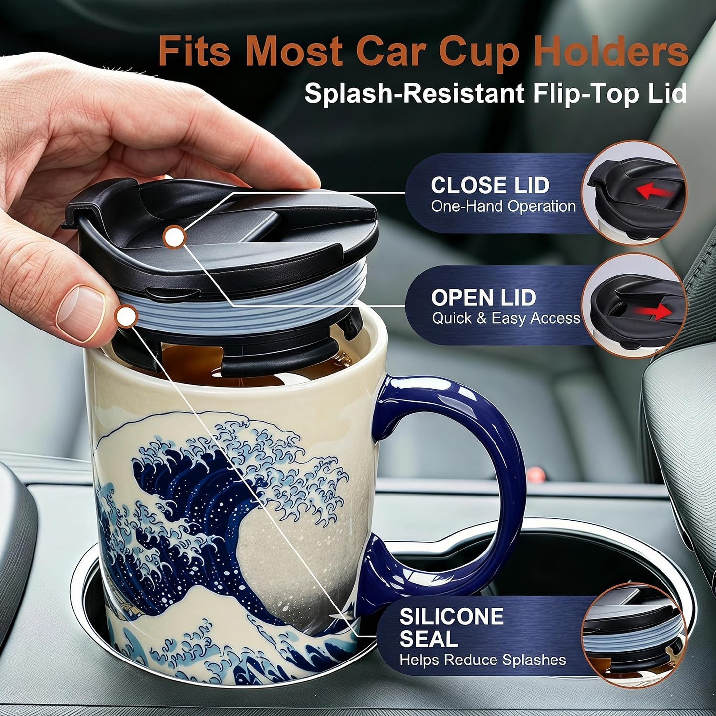 Topadorn 17oz Ceramic Travel Mug with Lid, Hokusai Great Wave Coffee Mug