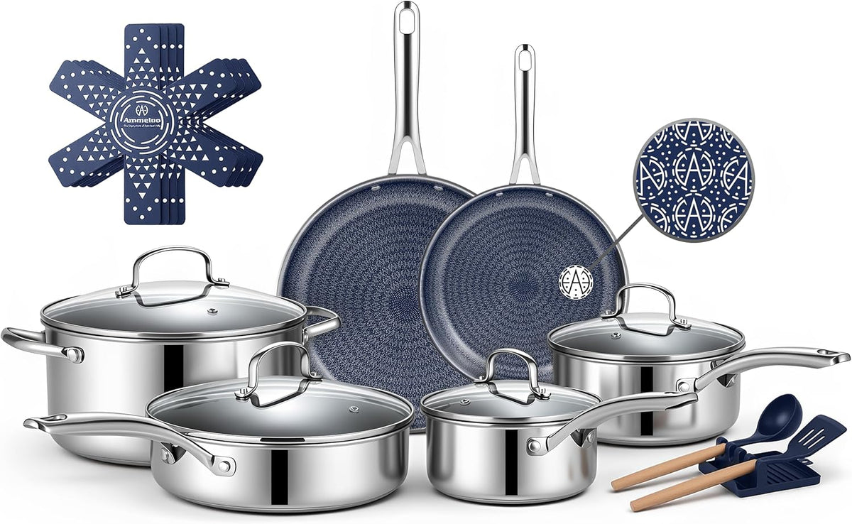 Ammeloo 17 Pcs Pots and Pans Set Non Stick, Stainless Steel Cookware Set