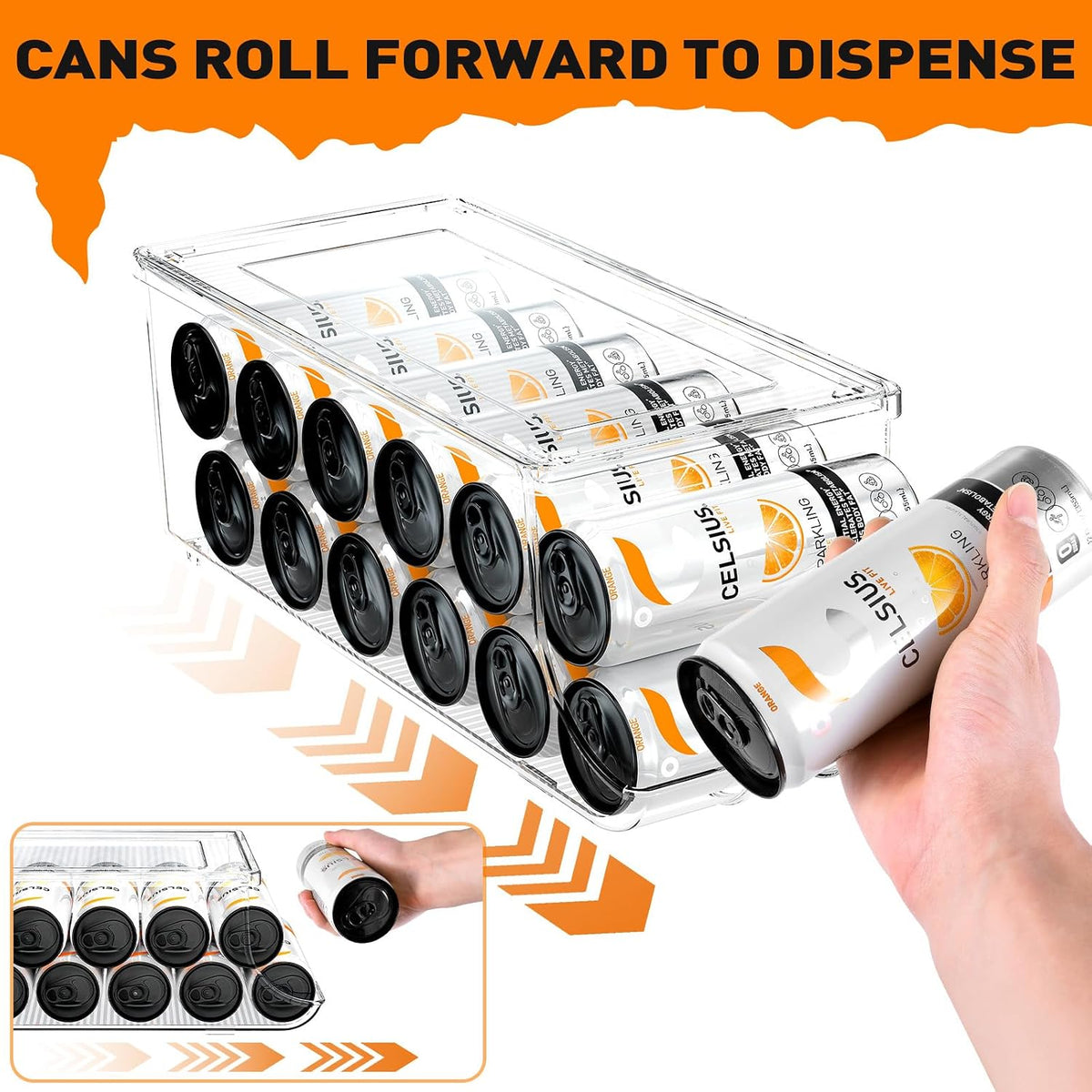 Skinny Can Organizer for Refrigerator, Stackable Tall Skinny Soda Pop Can Holder Dispenser with Lid for Fridge Pantry Rack Freezer, Clear Plastic Storage Bins-Holds 12 Slim Cans (See-through)