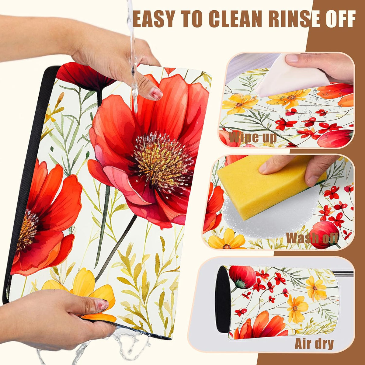Red and Yellow Flowers Coffee Mat Absorbent Dish Drying Mat for Kitchen Counter Hide Stain Rubber Backed Coffee Bar Accessories Fit Under Espresso Machine, 11.8 x 19.7 Inch
