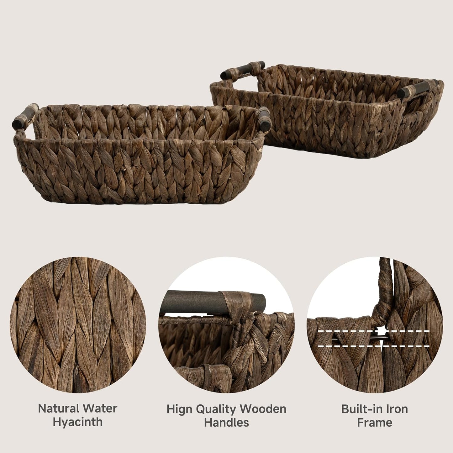 StorageWorks Wicker Baskets for Organizing, Woven Basket with Wooden Handles, Wicker Storage Baskets for Bathroom, Brown, 2-Pack