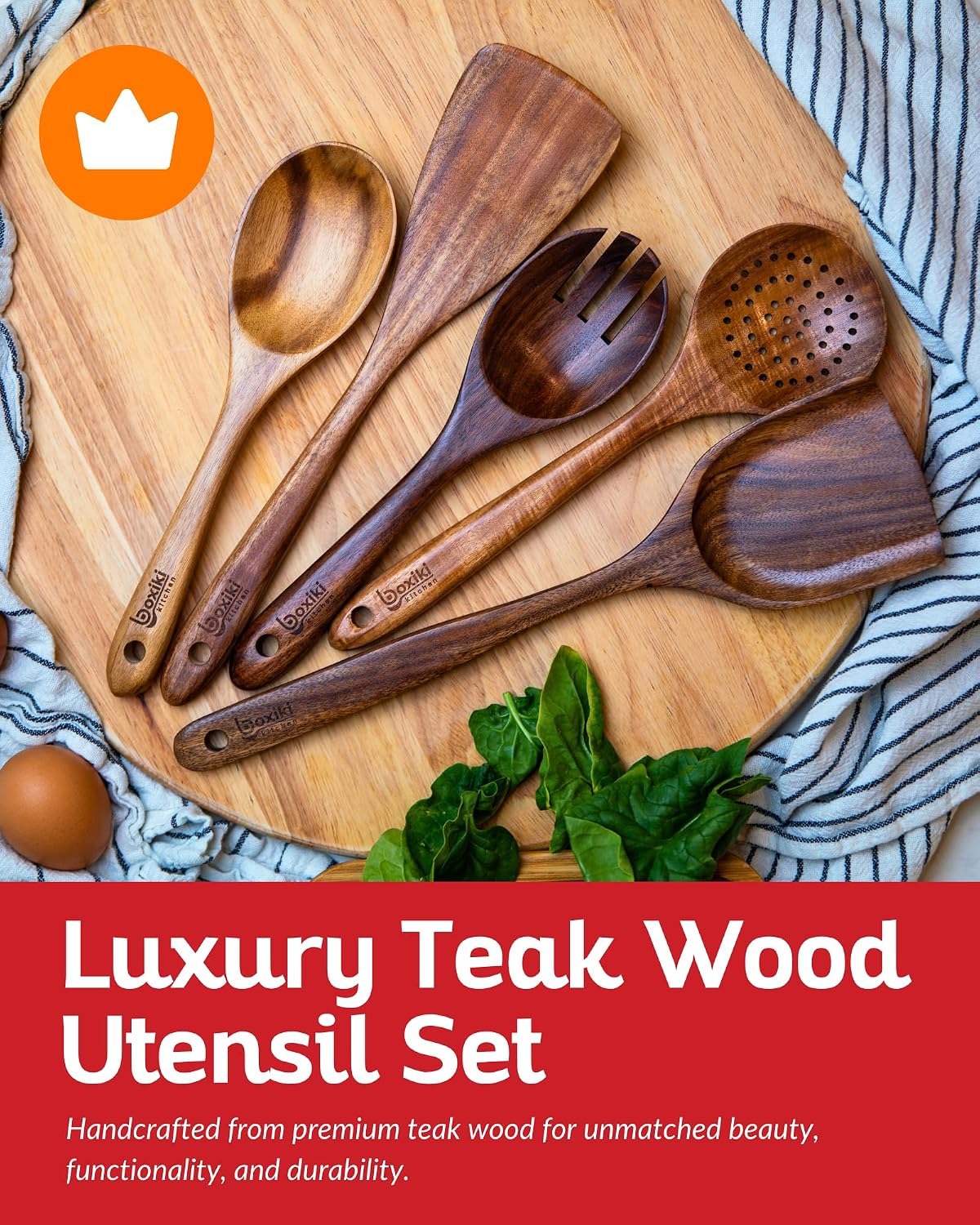 Boxiki Kitchen Luxury Teak Wood Utensil Set - Elegant 6-Piece Cooking Ensemble Including Spoons, Server, Scraper &amp; Spatula - Expertly Crafted for Culinary Excellence