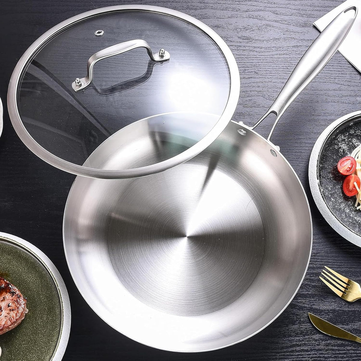 Inqibee Tri-Ply Stainless Steel Frying Pan Set of 3 with Lid,Skillets,Induction Cooking Pans Set,Riveted Handle,Eevn Heating and Oven Safe,8-9.5-11 Inch