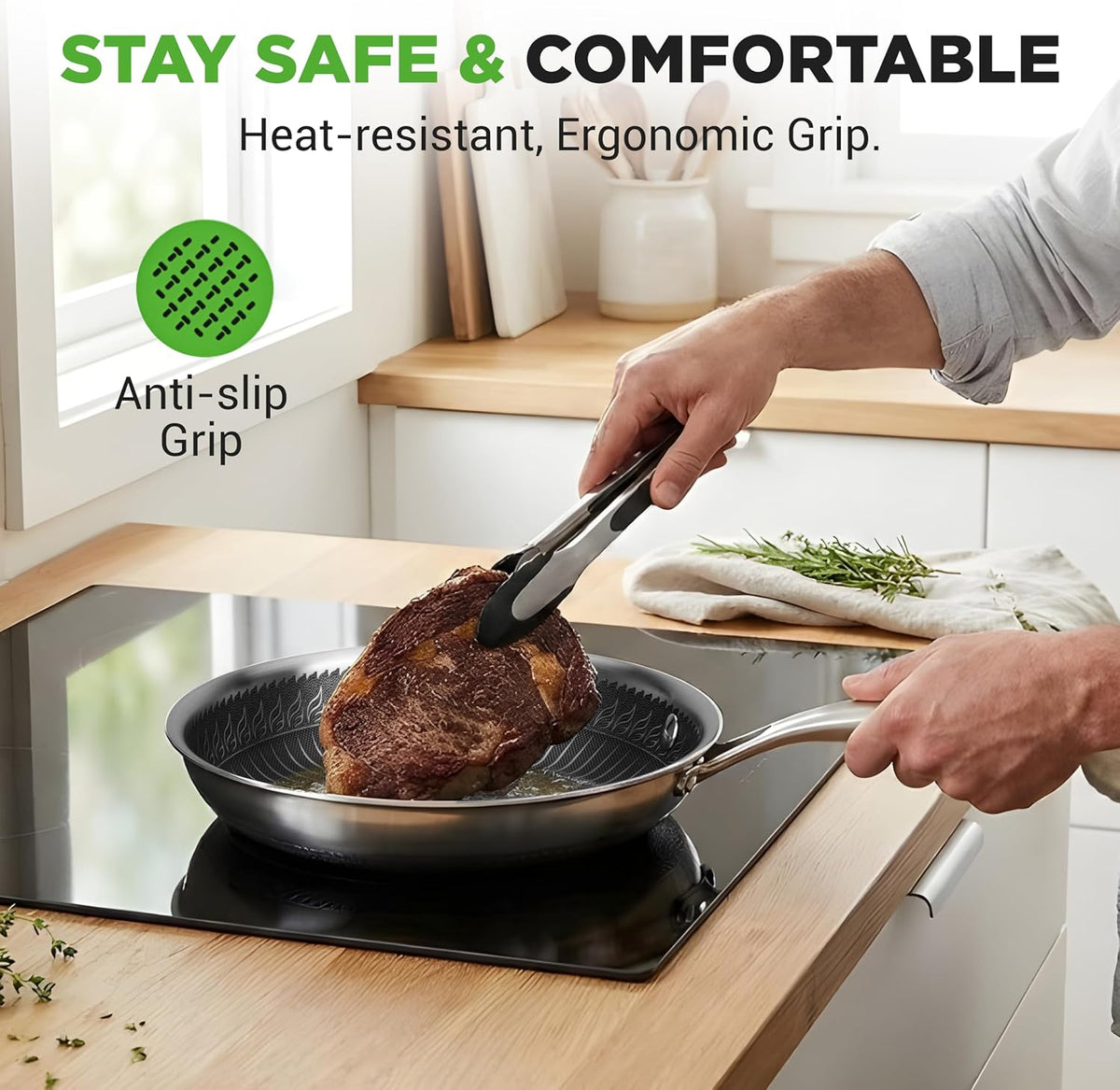NutriChef 8" Stainless Steel Frying Pan - Triply Kitchenware Stir Fry Pan Kitchen Cookware w/DAKIN Etching Non-Stick Coating, Scratch-resistant Raised-up Honeycomb Fire Textured Pattern - NC3PL8