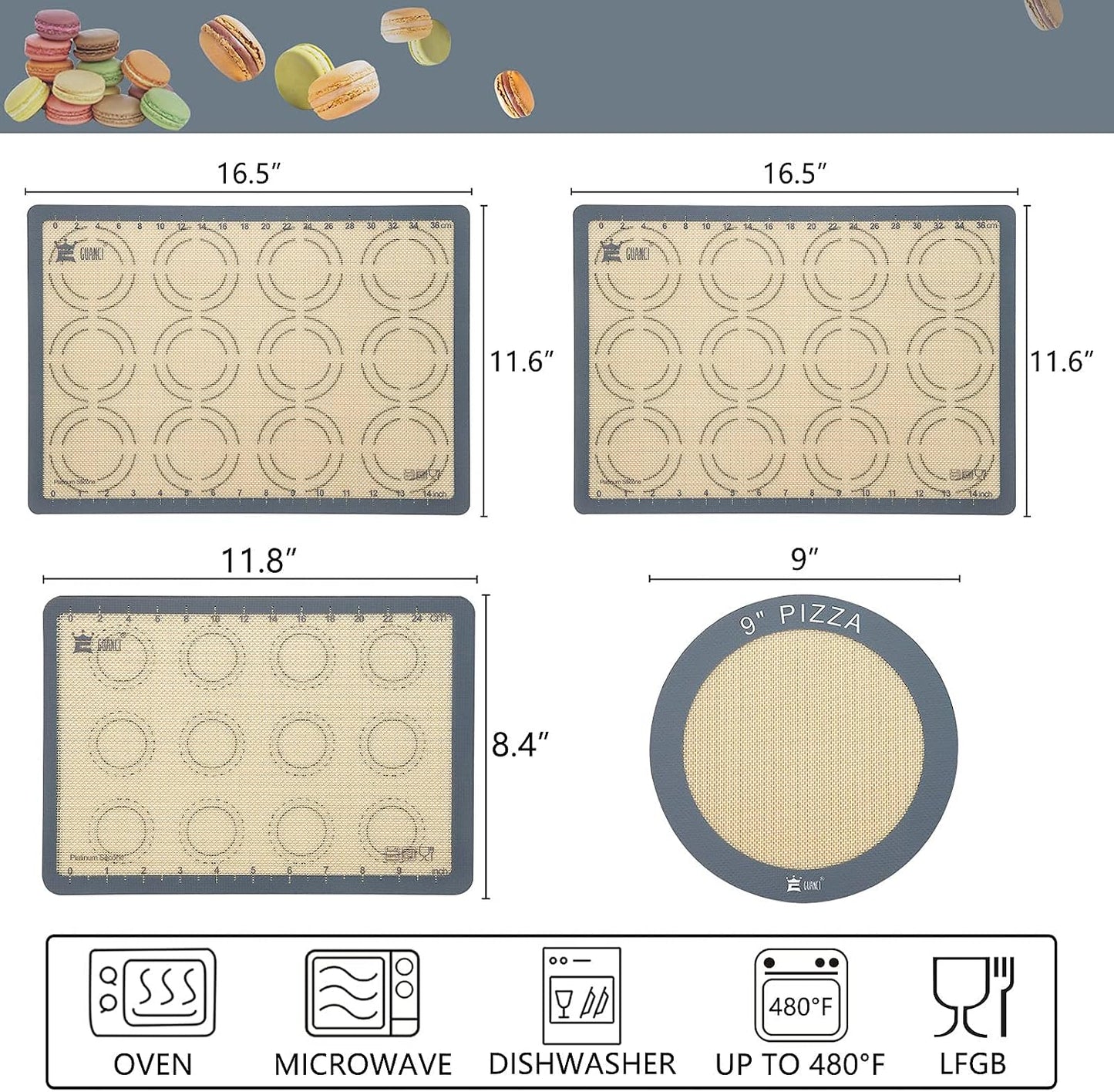 Silicone Baking Mat Set of 4, 2 Medium 16.5"x11.6", 1 Small 11.8"x8.4", 1 Piece 9" Round, All Mats 0.7mm Thick, Food Grade Non-Stick Reusable Baking Mats for Pizza, Bread, Pastry, Macarons