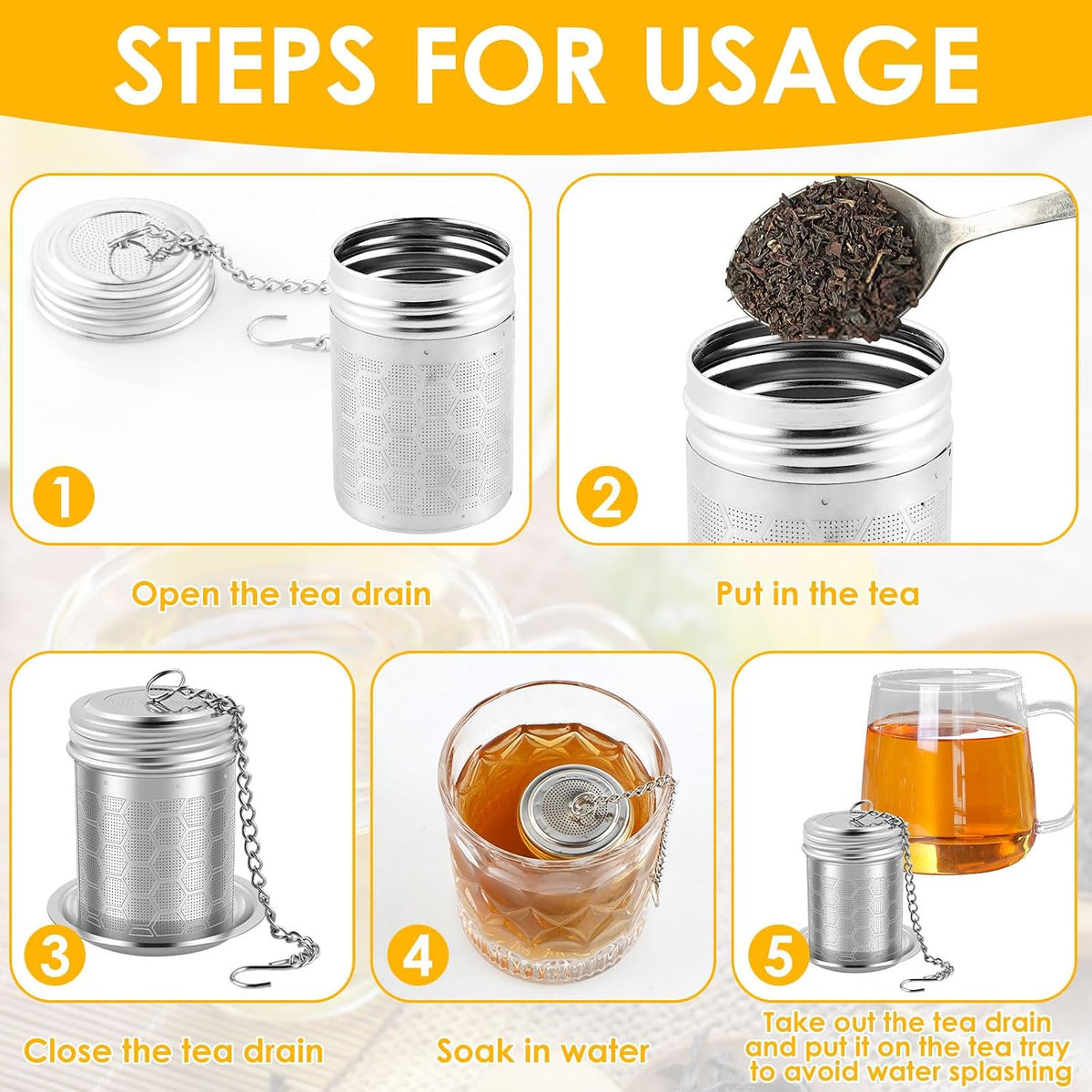 4 Pack Tea Infuser for Loose Leaf Tea, Extra Fine Mesh 304 Stainless Steel Tea Strainers with Drip Tray and Chain Hook, Reusable Tea Ball Steeper for Mug Teapot, Spice Diffuser