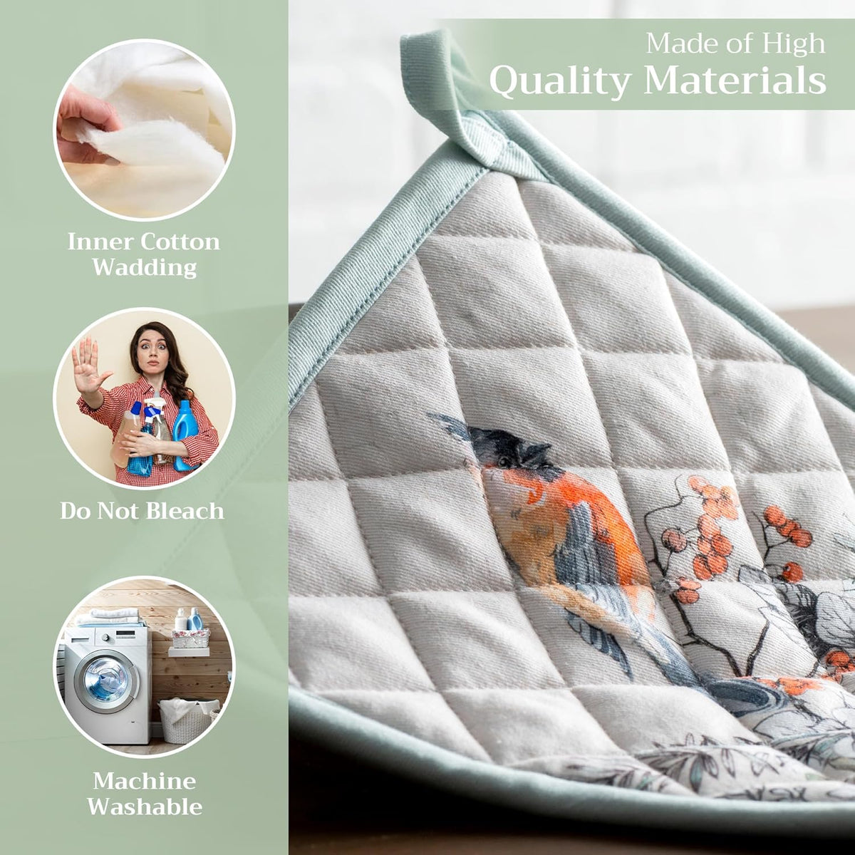Maison d' Hermine Pot Holders 100% Cotton Heat Resistant Potholders 8" x 8" Hot Pads with Loop BBQ, Cooking, Baking, Grilling, Kitchen, Handling Hot Pans (Pack of 1, Whitish Shabby Chique)