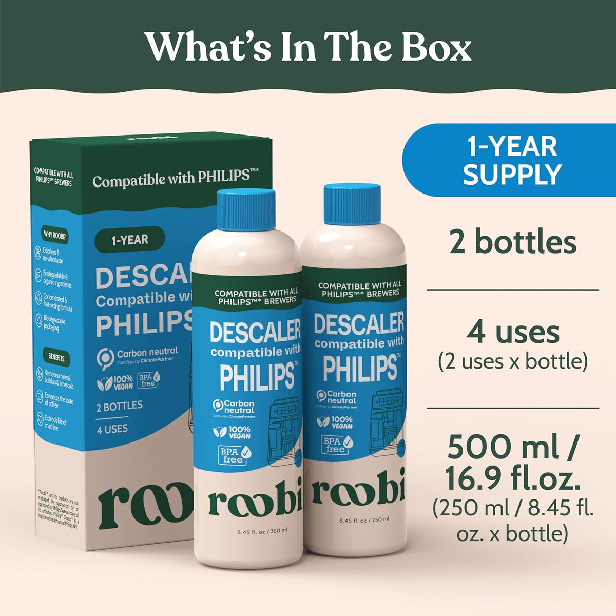 Roobi Philips Compatible Descaling Solution &amp; Cleaner, 2 Pack | Specially Formulated for Philips Espresso Machines &amp; Saeco, Carbon Neutral Descaler Kit, 2 Uses per Bottle