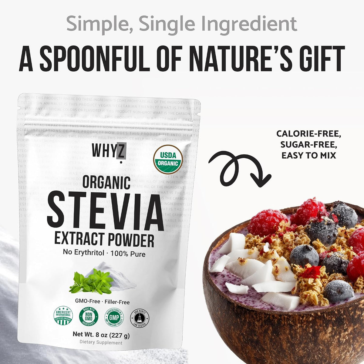 Organic Stevia Powder, 227g, Zero Calorie Pure Stevia Sweetener for Drinks, Powder for Baking and Beverages - No Aftertaste, Non-GMO, Keto Friendly Sugar Alternative, Concentrated Powder, 1600+ Servings