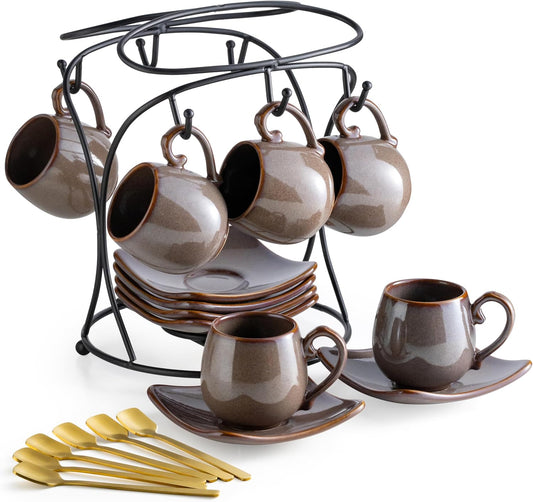 LYEOBOH 3oz Coffee Espresso Cups with Saucers Set of 6, Ceramic Small Coffee Cups with Holder and Spoons, Cute Demitasse