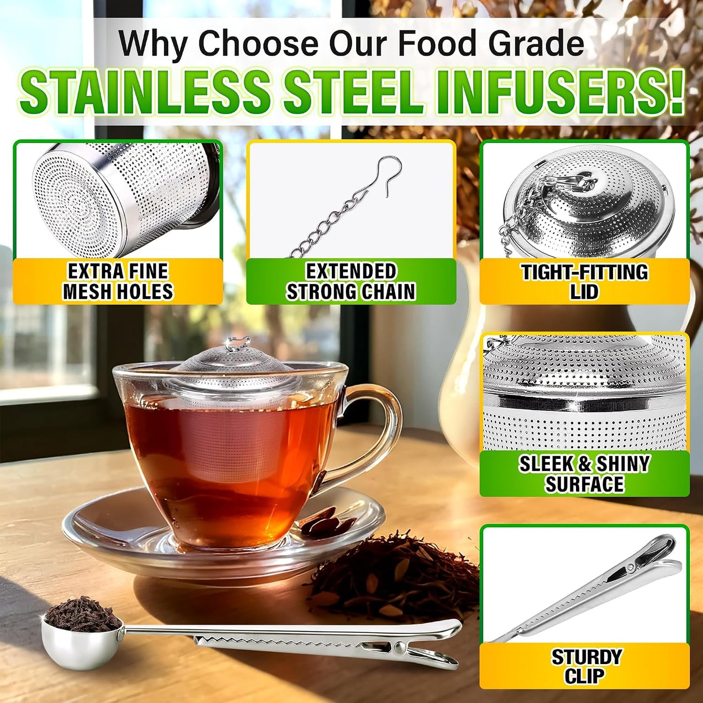 Tea Infuser Set of 3 (1 Large, 2 Small) with Scoop, Stainless Steel | Loose Leaf Tea Steeper; Extra Fine Mesh Holes, Extended Chain, Sleek &amp; Shiny Surface; Reusable; for Herbs, Spices &amp; Cooking