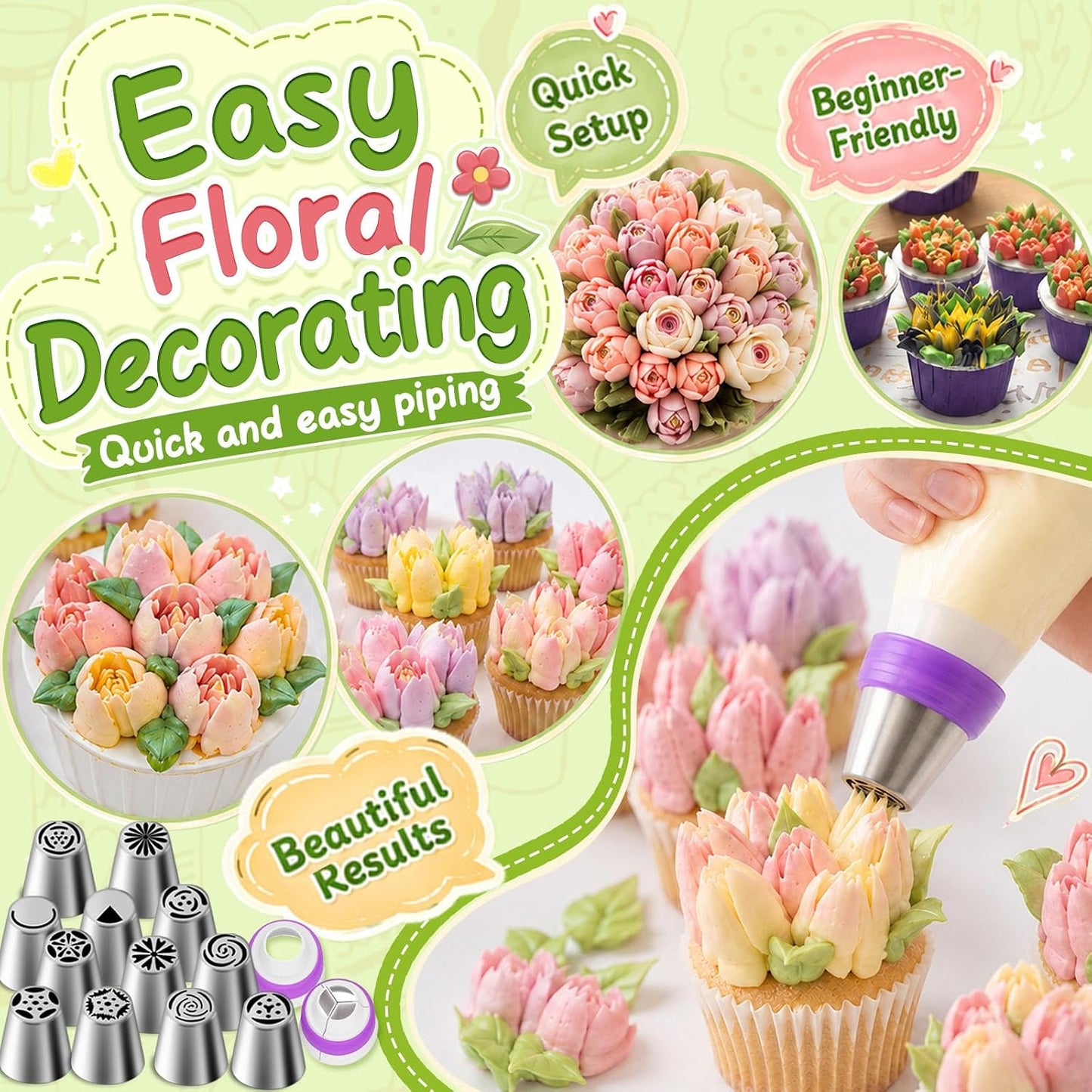 Suuker 27 Pieces Russian Piping Tips Set | 12 Icing Tips, 10 Disposable Piping Bags, 2 Leaf Piping Tips, 2 Couplers, 1 Silicone Bag
