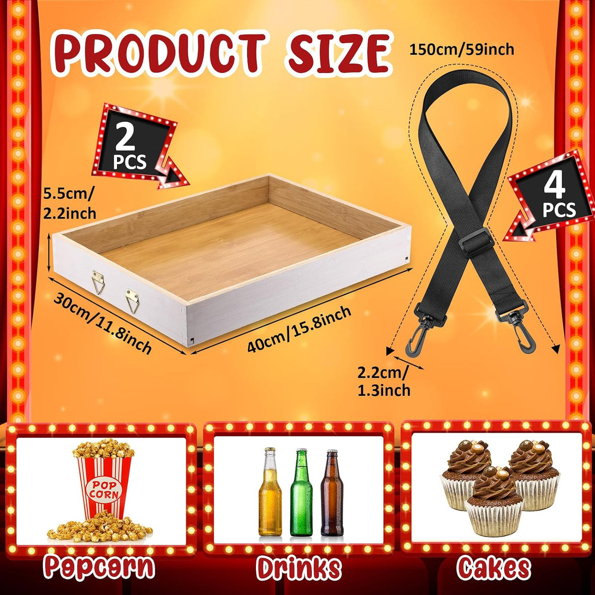 Marsui 2 Pcs Movie Night Snack Trays with Straps, Party Serving Tray, White
