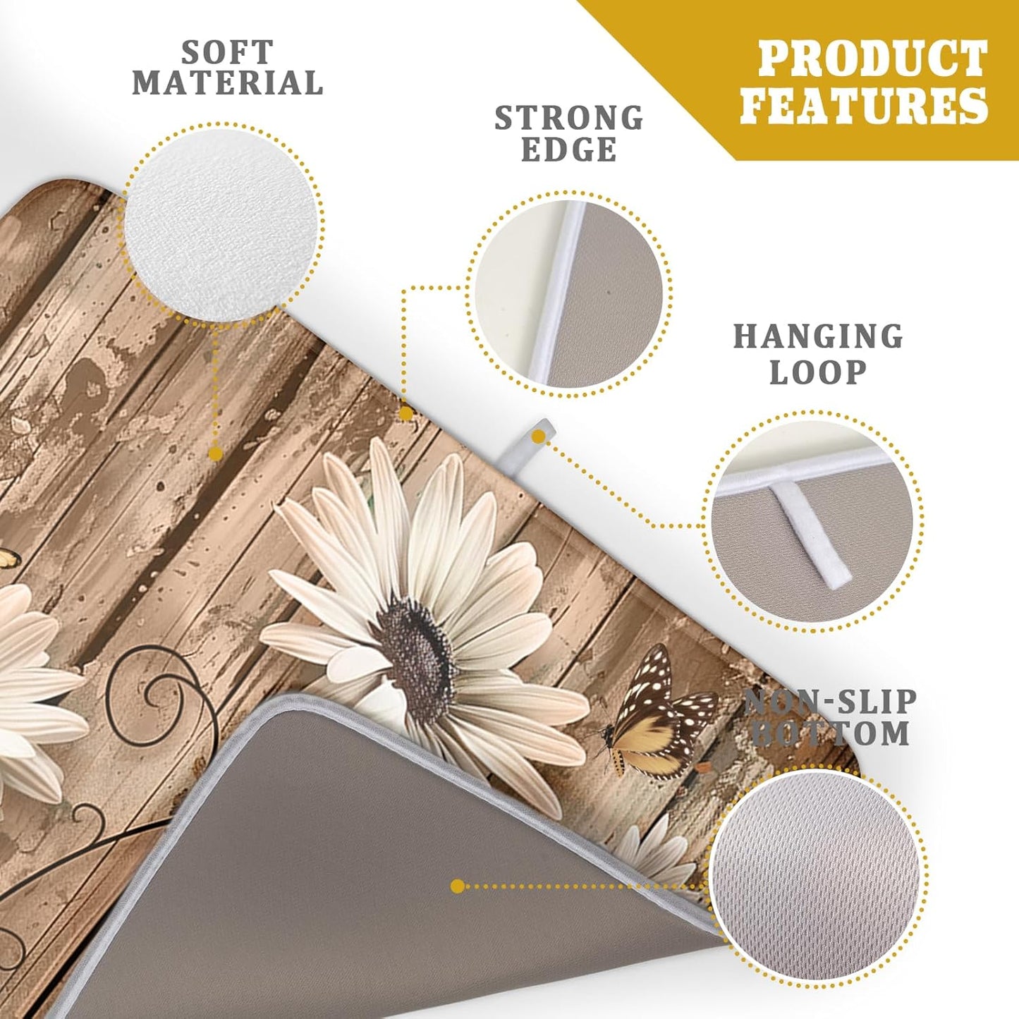 Summer Daisy Flowers Dish Drying Mat for Kitchen Counter 16x18in Rustic Wood Floral Kitchen Mat Daisy Microfiber Absorbent